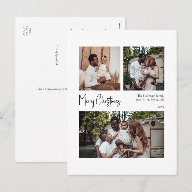 Modern julskript centrerad trefoto helg vykort (Fram/baksida)