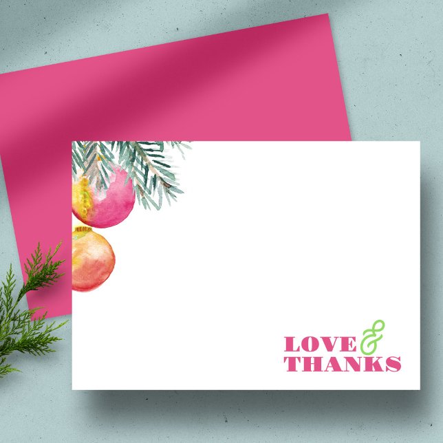 Modern julstationeri, Tack, vattenfärg Julkort (Christmas wedding thank you card vibrant pink and orange.)