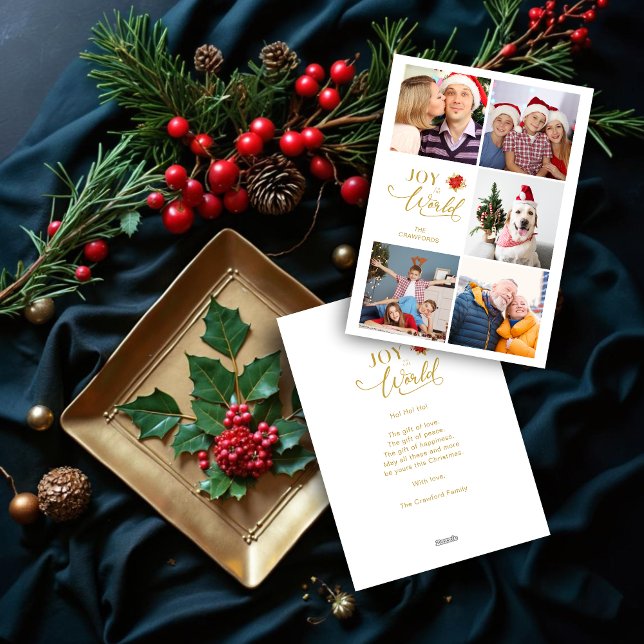 Modern julstjärna collage 5-bilds familj julkort (Elegant Modern Poinsettia Collage Five Photo Family Christmas Holiday Cards.)