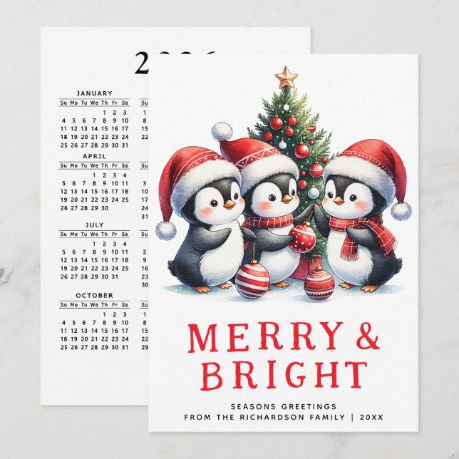 Modern jultomt och Bright Cute Penguins Julkort (Fram/baksida)