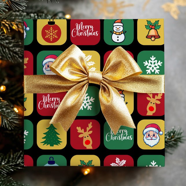 Modern jultomten Träd-prydnadsföremål Snögubbe Presentpapper (Modern Christmas Santa Tree Ornaments Snowman Wrapping Paper)
