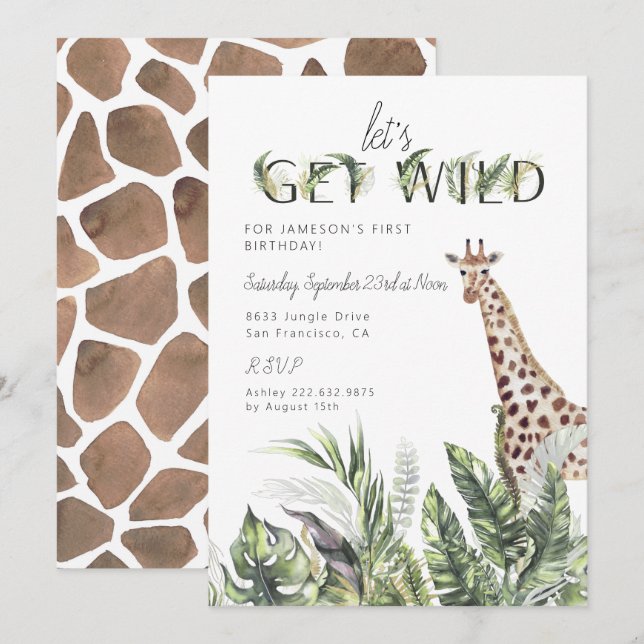 Modern Jungle Greenery | Giraffe Birthday Inbjudningar (Fram/baksida)