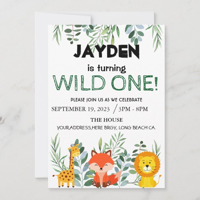 Modern Jungle Safari Editable Birthday Inbjudningar (Framsida)