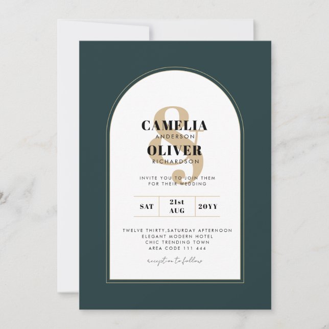 Modern JUNIPER Grönt Guld Wedding INVITE QR-kod Inbjudningar (Framsida)