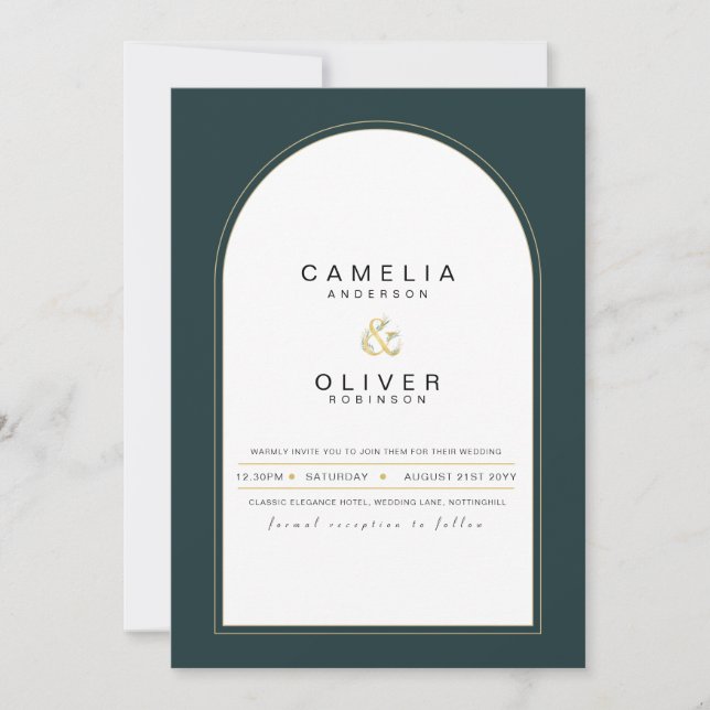 Modern JUNIPER Grönt Guld Wedding INVITE QR-kod Inbjudningar (Framsida)