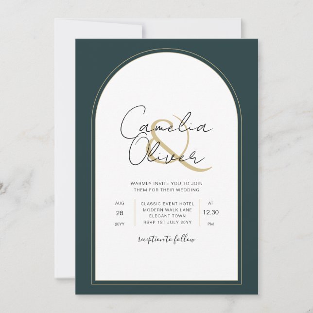 Modern JUNIPER Grönt Guld Wedding INVITE QR-kod Inbjudningar (Framsida)