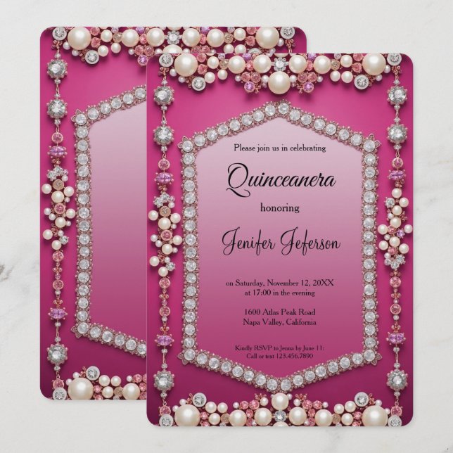 Modern juvelpärlor Quinceanera inbjudan (Fram/baksida)