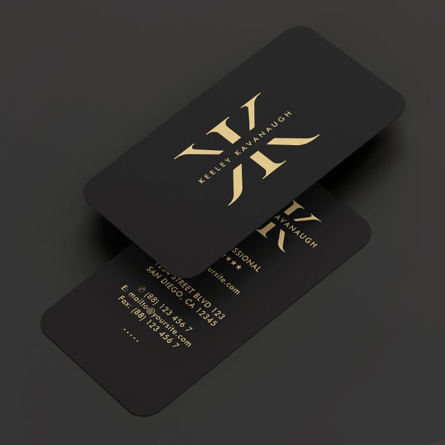 Modern K Monogram Professionell Black Faux Guld Visitkort (Modern K Monogram Professional Black Faux Gold Business Card
)