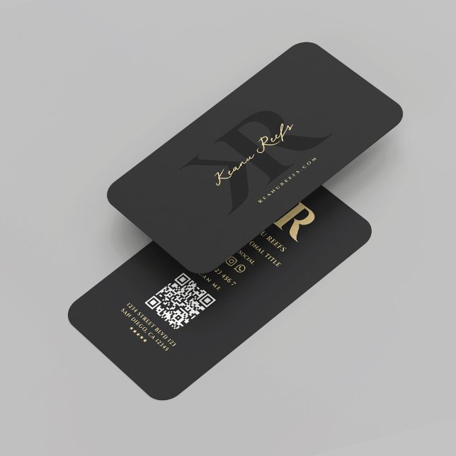 Modern K R Logotyp Initialer Monogram Black Guld Visitkort (Modern K R Logo Initials Monogram Name Initials Black Gold Professional Marketing QR Business Card
)