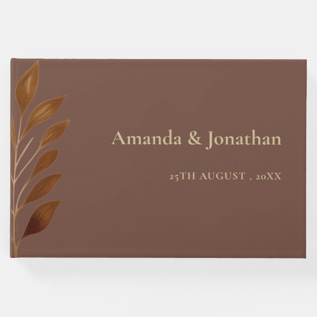 Modern kaffe Brown och Guld Löv Bröllop Gästböcker (Framsida)