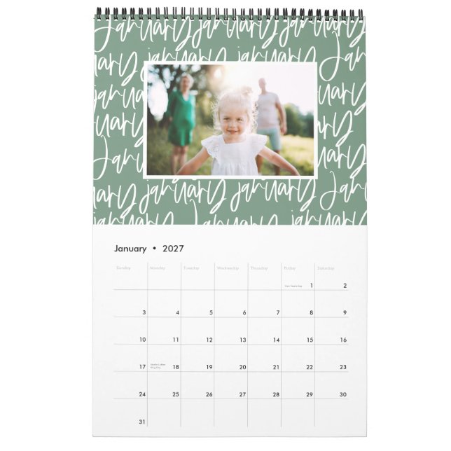 Modern kalender för fotoskript för markeringspenna (Jan 2027)