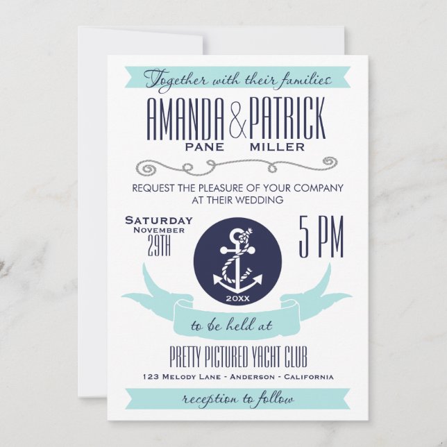 Modern kallelse till anchor Blue Nautical Wedding Inbjudningar (Framsida)