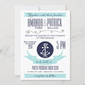 Modern kallelse till anchor Blue Nautical Wedding Inbjudningar