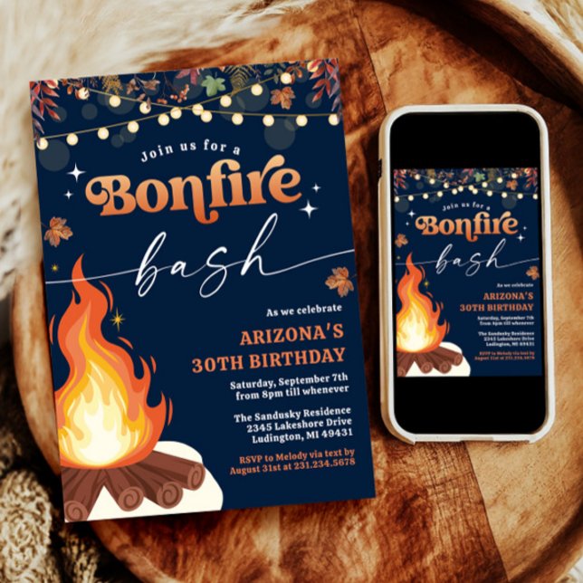 Modern kallelse till hönsbrand, Bonfire Bash Inbjudningar (Fall Invitations, Bonfire Birthday Invitation, Bonfire Party Invite)