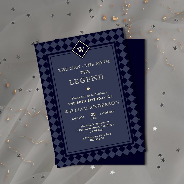 Modern kallelse till marin blått och Guld-monogram Inbjudningar (Modern Navy Blue & Gold Monogram Legend Invitation)