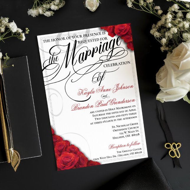 Modern kallelse till Röd ros bröllopsinbjudan till Inbjudningar (Red roses wedding invitation with fully changeable background color)