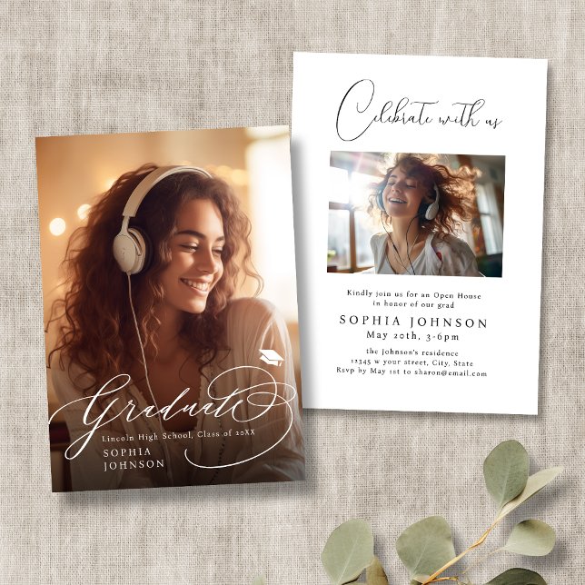 Modern kallgrafi Foto Studenten-meddelande Inbjudningar (Modern Calligraphy Photo Graduation Announcement)