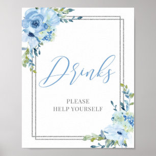 Modern kalligrafblått blommigt silver-drycksskylt poster