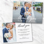 Modern kalligrafi 2 foto Bröllop Bride Groom Tack Kort<br><div class="desc">Modern calligrafi Bröllop Bride and Groom 2 Photo Tackyou Card - vitt skript</div>