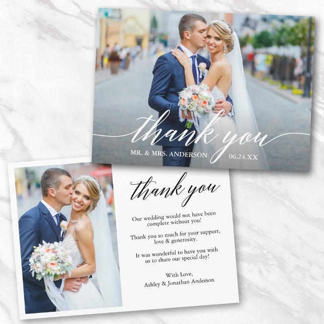 Modern kalligrafi 2 foto Bröllop Bride Groom Tack Kort (Customize to change your personalized text size or text style.)