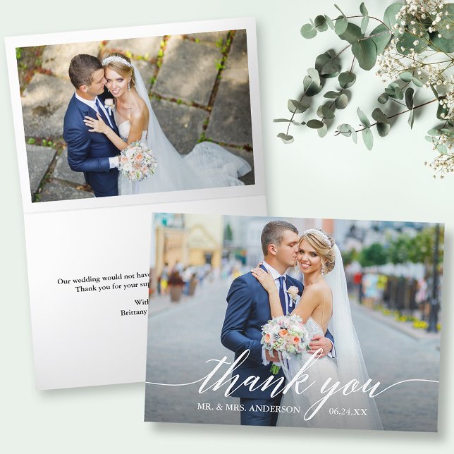 Modern kalligrafi 2 foto-Bröllop, mappat Tack Kort (Customize to change your personalized text size or text style.)