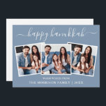 Modern kalligrafi 3 Foto Lycklig Hanukah Blue Julkort<br><div class="desc">Modern Trendig Calligraphy Script 3 Photo Family Photo Collage Lycklig Hanukah Card - Dusty Blue</div>