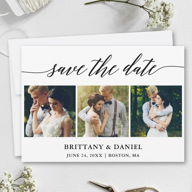 Modern kalligrafi 3 foto spara datumet (Customize to change your personalized text size, style or to add more text & photos to back of card.)