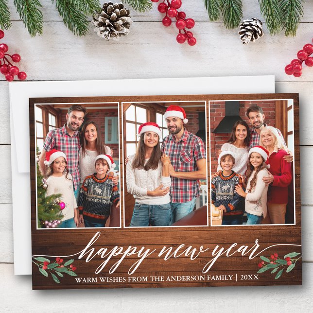 Modern kalligrafi 3 Photo Wood Gott nytt år Julkort (Customize to add text to back of card.)