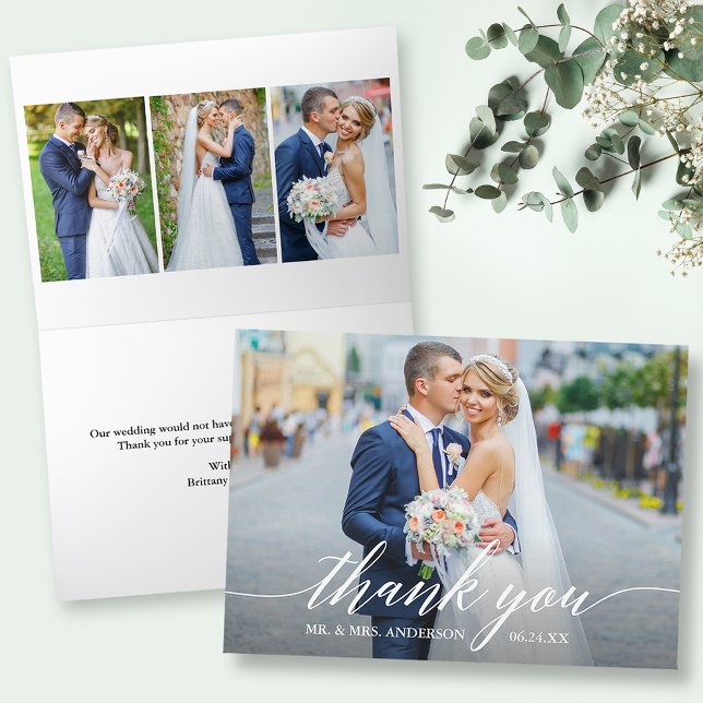 Modern kalligrafi 4 foto-Bröllop, mappad Tack Kort (Customize to change your personalized text size or text style.)