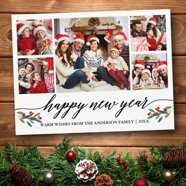 Modern kalligrafi 5 Fotofamilj Gott nytt år Vykort (Customize to change your personalized text size or text style.)