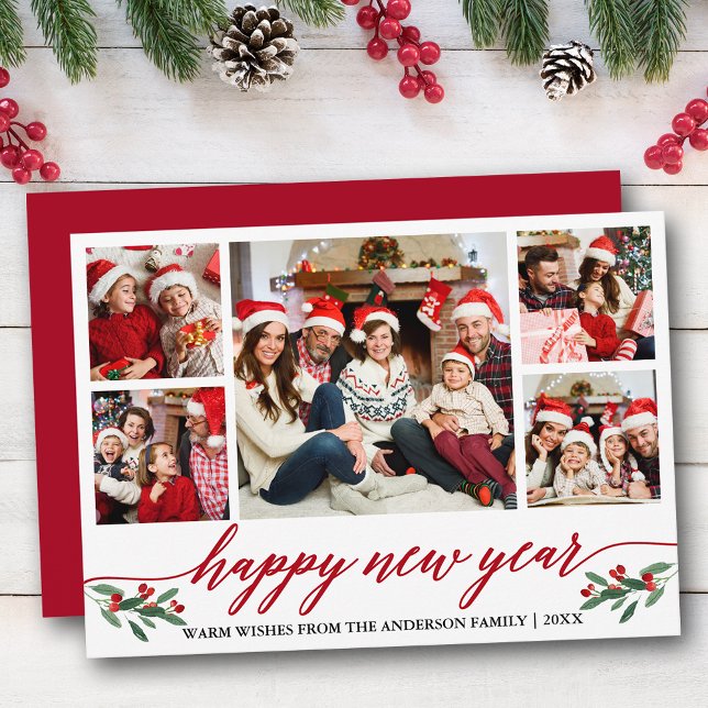 Modern kalligrafi 5 Photo Gott nytt år Red Julkort (Customize to add text to back of card.)