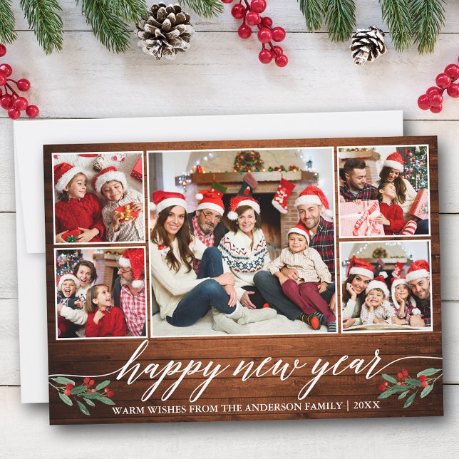 Modern kalligrafi 5 Photo Wood Gott nytt år Julkort (Customize to add text to back of card.)