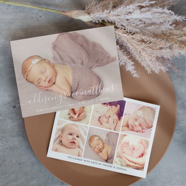 Modern kalligrafi Babyflicka Fotokollage Födelse Meddelande (Skapare uppladdad)