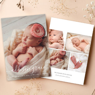 Modern kalligrafi babyflicka porträtt foto födelse meddelande
