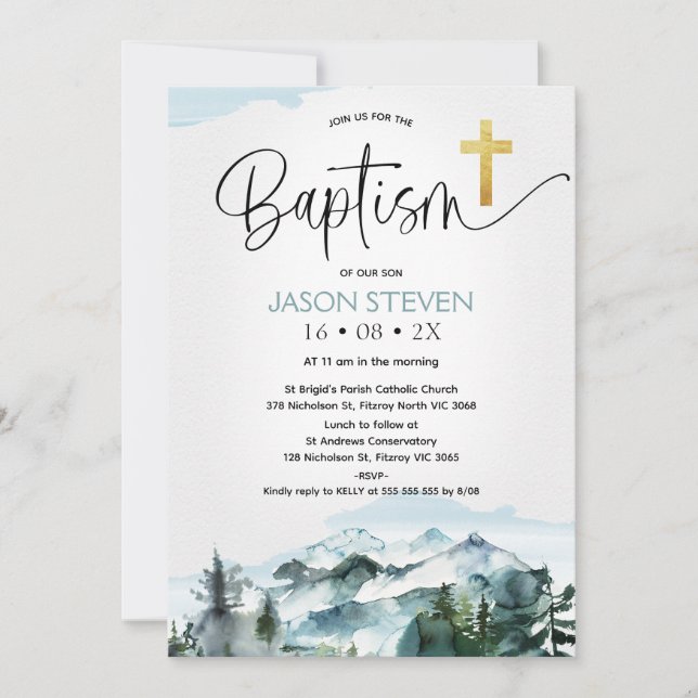 Modern kalligrafi Bergsberg Gräs Träd-baptism Inbjudningar (Framsida)