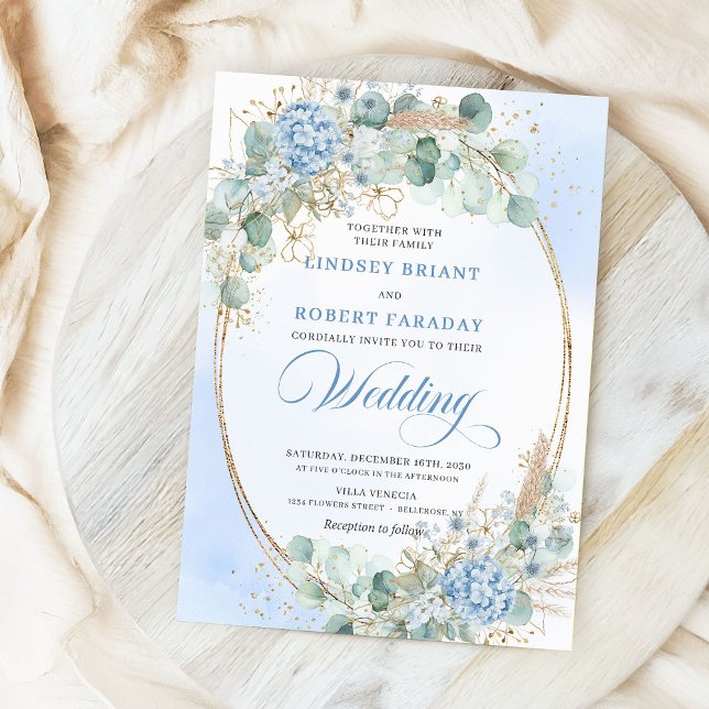 Modern kalligrafi Blå Blommig Guld Bröllopsinbjuda Inbjudningar (Modern Calligraphy Blue Floral Gold Wedding Invitation)