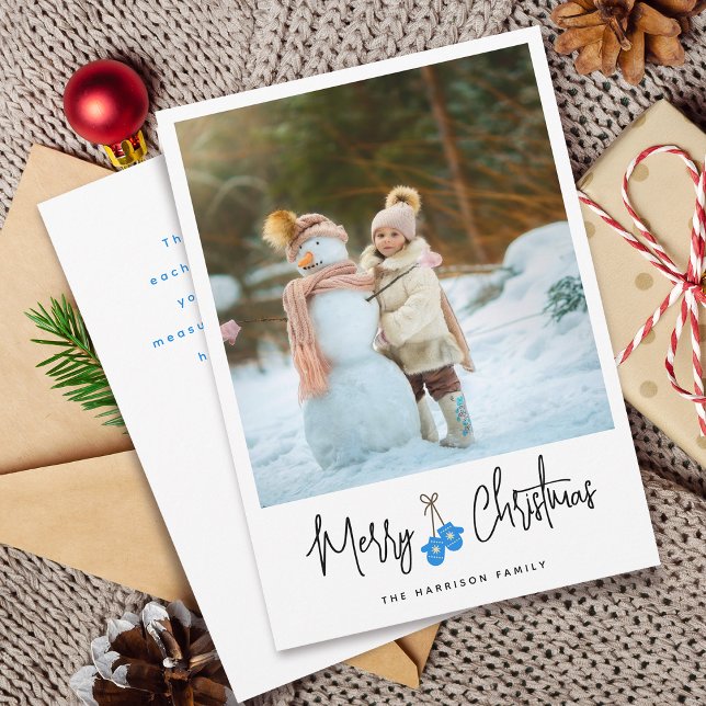 Modern kalligrafi Blå handskar Foto Platt Julkort (Modern Calligraphy Blue Mittens Photo Flat Holiday Card)