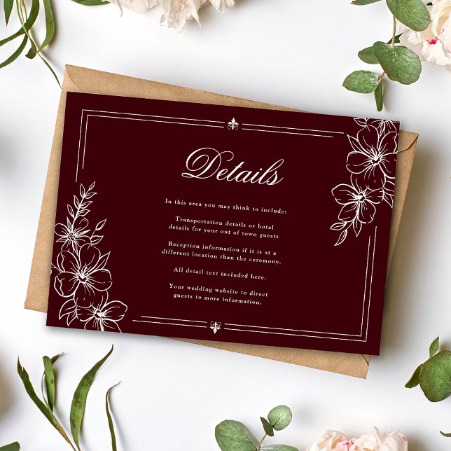 Modern kalligrafi Blommig Burgunder Röd Bröllopsde Tilläggskort (Elegant modern calligraphy floral burgundy wedding details enclosure card with timeless charm.)