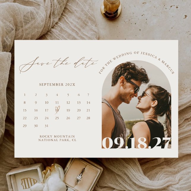 Modern kalligrafi Boho Kalender Foto Bröllop Spara Datumet (Skapare uppladdad)