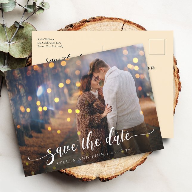 Modern kalligrafi Bröllop Spara datum Foto Meddelande Vykort (Modern Calligraphy Wedding Save The Date Photo Announcement Postcard)