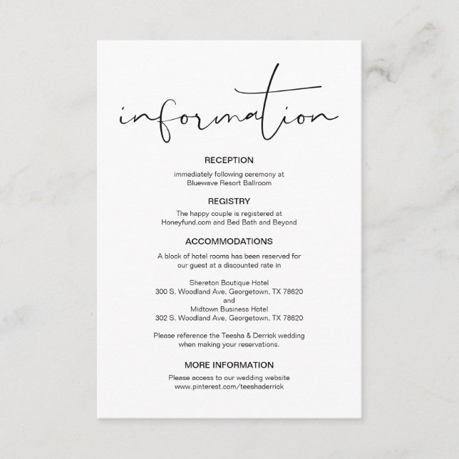 Modern kalligrafi, Bröllopsdetaljer, Information  Tilläggskort (Framsida)