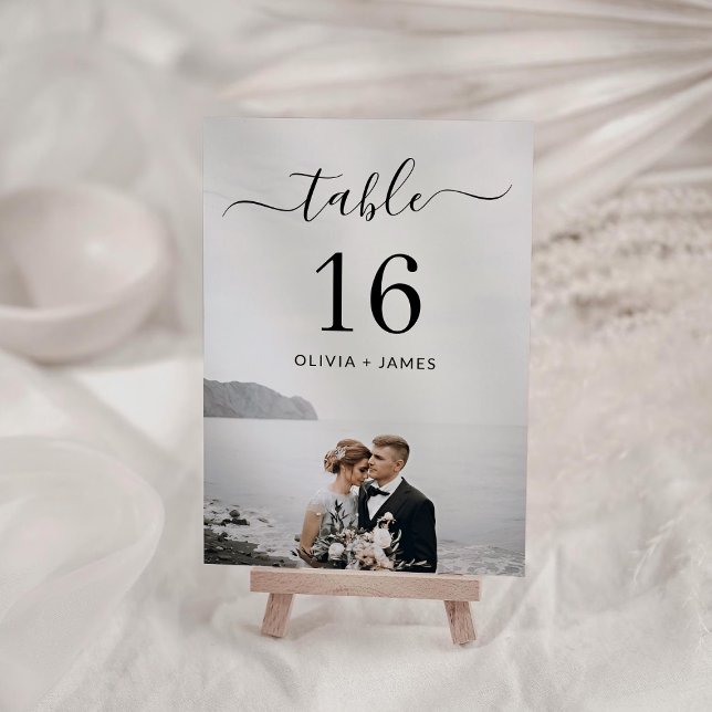 Modern kalligrafi Bröllopsfoto Bordskort (Modern Calligraphy Wedding Photo Table Number)