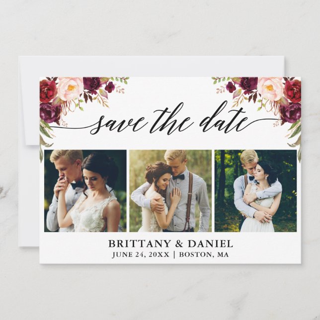 Modern kalligrafi Burgundy Blommigt 3 foto Spara Datumet (Framsida)