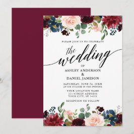 Modern kalligrafi Burgundy Blue Blommigt Bröllop Inbjudningar