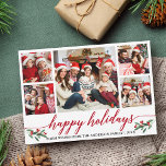 Modern kalligrafi-familj 5 fotosamling julkort<br><div class="desc">Modern Calligraphy Script 5 Photo Family Photo Collage Glad helg Card innehåller Watercolor jul Holly Berries - Red Script</div>