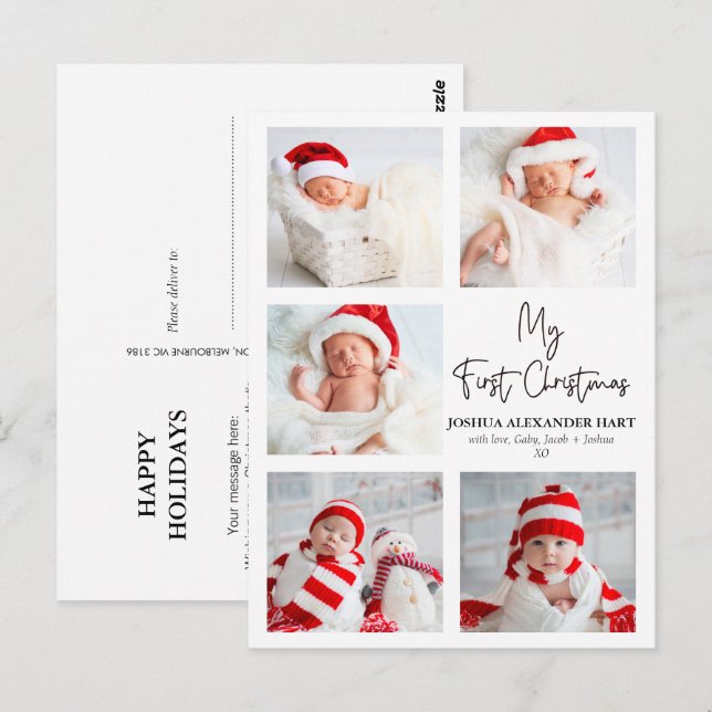 Modern kalligrafi fem foto Min första jul Vykort (Fram/baksida)