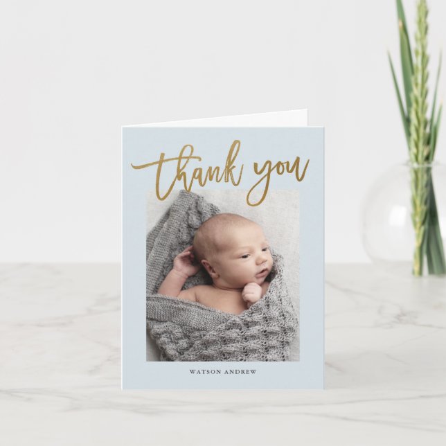 Modern kalligrafi foto baby pojke tack kort (Framsida)