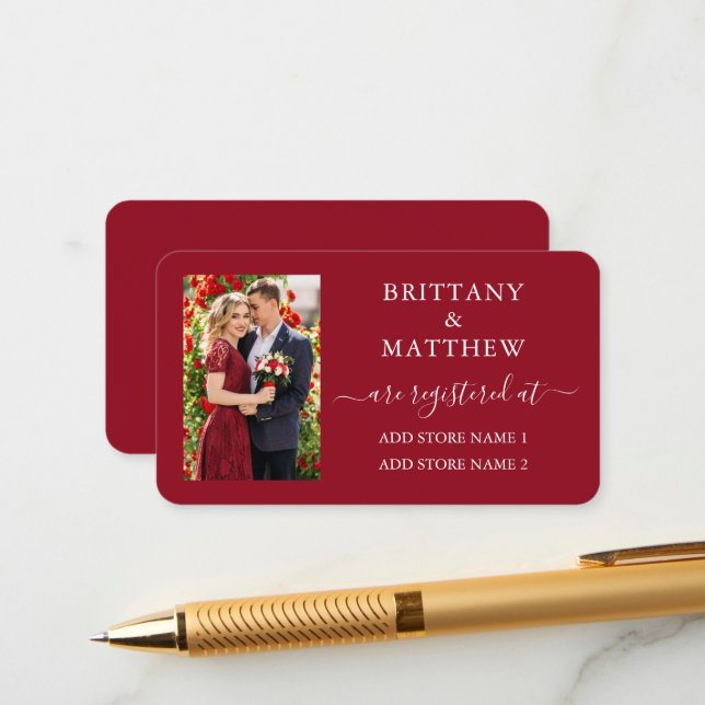 Modern kalligrafi Foto Bröllopspresentlista Röd Tilläggskort (Fram/Back In Situ)