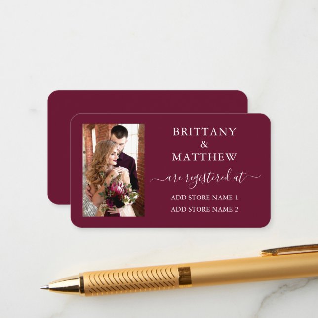 Modern kalligrafi Foto Bröllopsregister Burgunder Tilläggskort (Fram/Back In Situ)