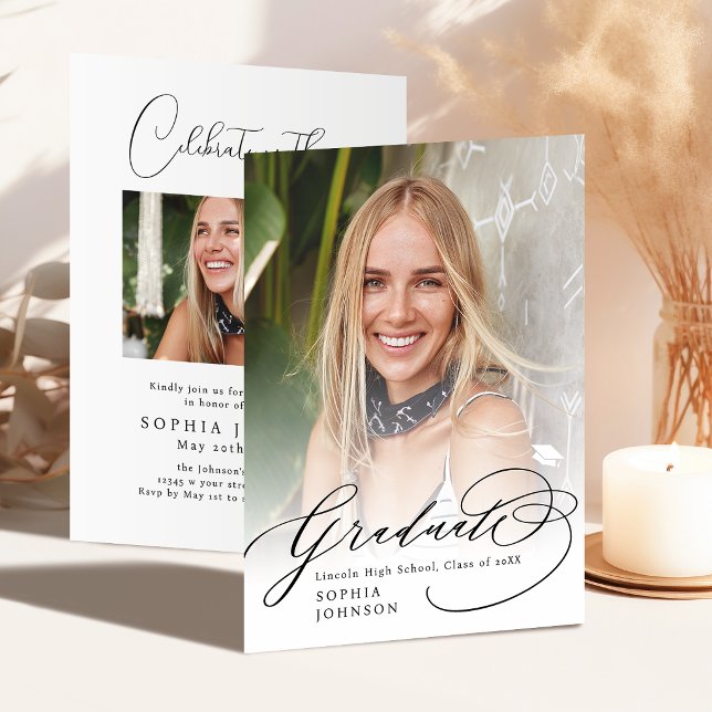 Modern kalligrafi foto examensannonsering inbjudningar (Modern Calligraphy Photo Graduation Announcement)